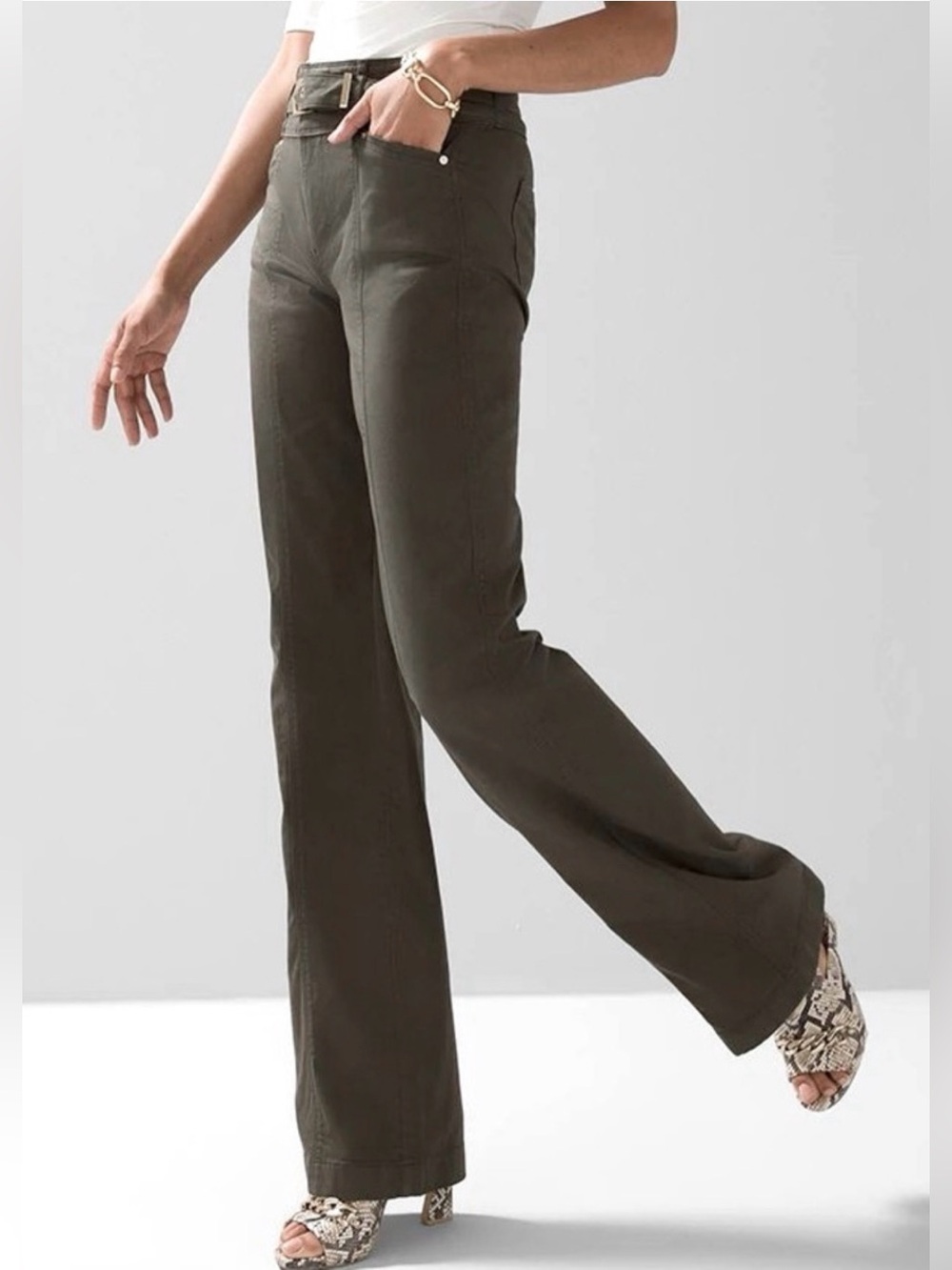 NWT WHBM Extra High Rise Belted Wide Leg Stretch Sergeant Green Pants Size 0R